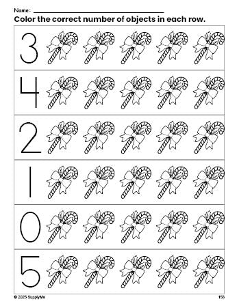 Free printable candy cane Christmas count and color worksheet for preschoolers, Christmas coloring page and counting worksheet numbers 0-5, PDF