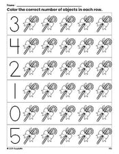 Free printable candy cane Christmas count and color worksheet for preschoolers, Christmas coloring page and counting worksheet numbers 0-5, PDF