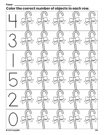 Free printable candy cane Christmas count and color worksheet for preschoolers, Christmas coloring page and counting worksheet numbers 0-5, PDF