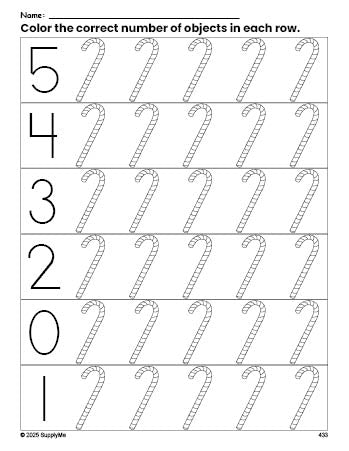 Free printable candy cane Christmas count and color worksheet for preschoolers, Christmas coloring page and counting worksheet numbers 0-5, PDF