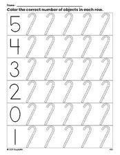 Free printable candy cane Christmas count and color worksheet for preschoolers, Christmas coloring page and counting worksheet numbers 0-5, PDF