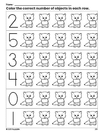 Free printable cat count and color worksheet for preschoolers, cat coloring page and counting worksheet numbers 0-5, PDF