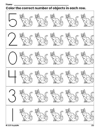 Free printable cat count and color worksheet for preschoolers, cat coloring page and counting worksheet numbers 0-5, PDF