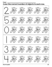 Free printable cat count and color worksheet for preschoolers, cat coloring page and counting worksheet numbers 0-5, PDF