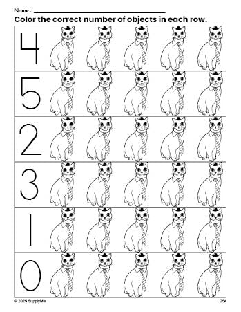 Free printable cat count and color worksheet for preschoolers, cat coloring page and counting worksheet numbers 0-5, PDF