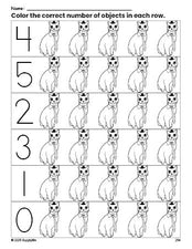 Free printable cat count and color worksheet for preschoolers, cat coloring page and counting worksheet numbers 0-5, PDF