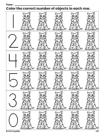 Free printable cat count and color worksheet for preschoolers, cat coloring page and counting worksheet numbers 0-5, PDF