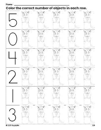 Free printable cat count and color worksheet for preschoolers, cat coloring page and counting worksheet numbers 0-5, PDF