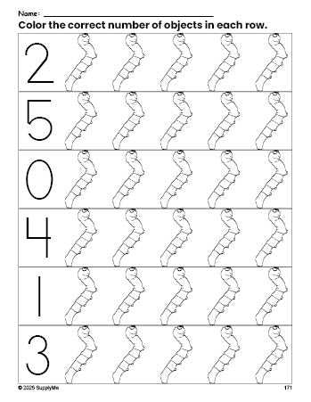 Free printable caterpillar count and color worksheet for preschoolers, caterpillar coloring page and counting worksheet numbers 0-5, PDF