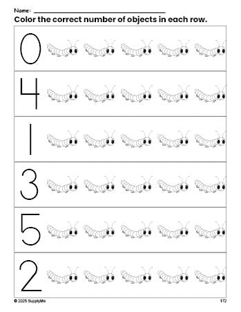 Free printable caterpillar count and color worksheet for preschoolers, caterpillar coloring page and counting worksheet numbers 0-5, PDF