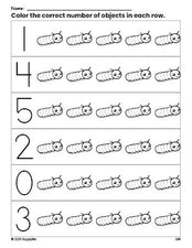 Free printable caterpillar count and color worksheet for preschoolers, caterpillar coloring page and counting worksheet numbers 0-5, PDF