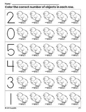 Free printable chick count and color worksheet for preschoolers, chick coloring page and counting worksheet numbers 0-5, PDF