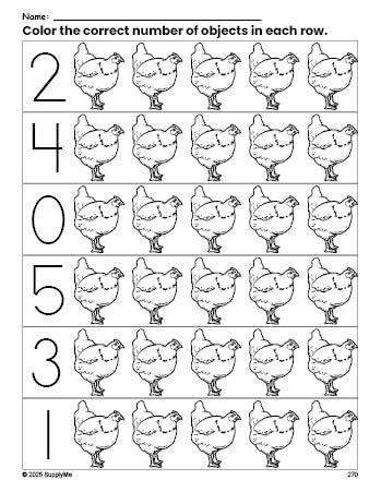 Free printable chicken count and color worksheet for preschoolers, chicken coloring page and counting worksheet numbers 0-5, PDF