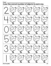 Free printable chicken count and color worksheet for preschoolers, chicken coloring page and counting worksheet numbers 0-5, PDF