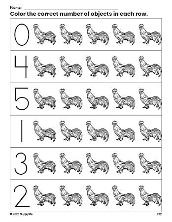 Free printable chicken count and color worksheet for preschoolers, chicken coloring page and counting worksheet numbers 0-5, PDF