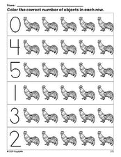 Free printable chicken count and color worksheet for preschoolers, chicken coloring page and counting worksheet numbers 0-5, PDF