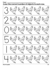 Free printable chicken count and color worksheet for preschoolers, chicken coloring page and counting worksheet numbers 0-5, PDF