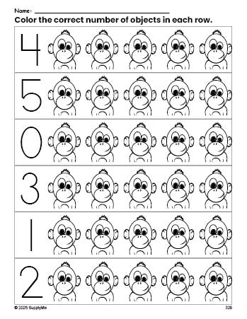 Free printable chimpanzee count and color worksheet for preschoolers, chimpanzee coloring page and counting worksheet numbers 0-5, PDF