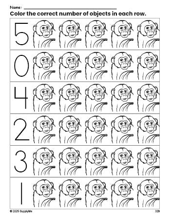 Free printable chimpanzee count and color worksheet for preschoolers, chimpanzee coloring page and counting worksheet numbers 0-5, PDF