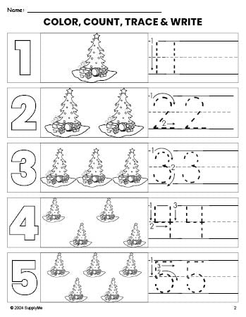 Free printable Christmas tree Christmas coloring page and number tracing worksheet, numbers 1-5 counting worksheet for preschool and pre-k