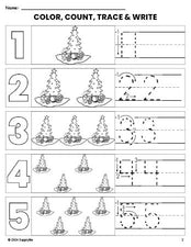 Free printable Christmas tree Christmas coloring page and number tracing worksheet, numbers 1-5 counting worksheet for preschool and pre-k