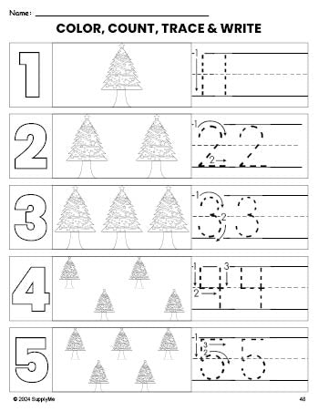 Free printable Christmas tree Christmas coloring page and number tracing worksheet, numbers 1-5 counting worksheet for preschool and pre-k