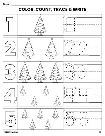 Free printable Christmas tree Christmas coloring page and number tracing worksheet, numbers 1-5 counting worksheet for preschool and pre-k