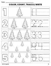 Free printable Christmas tree Christmas coloring page and number tracing worksheet, numbers 1-5 counting worksheet for preschool and pre-k