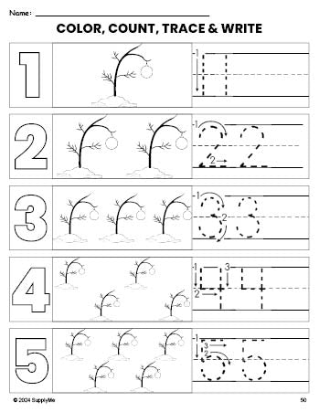 Free printable Christmas tree Christmas coloring page and number tracing worksheet, numbers 1-5 counting worksheet for preschool and pre-k