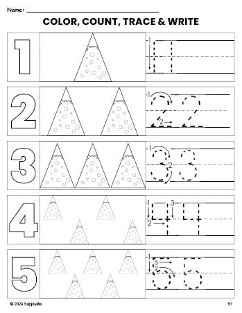 Free printable Christmas tree Christmas coloring page and number tracing worksheet, numbers 1-5 counting worksheet for preschool and pre-k