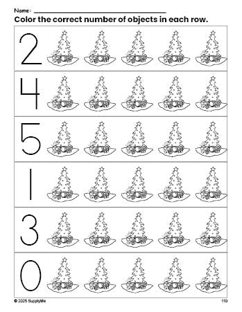 Free printable Christmas tree Christmas count and color worksheet for preschoolers, Christmas coloring page and counting worksheet numbers 0-5, PDF