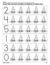 Free printable Christmas tree Christmas count and color worksheet for preschoolers, Christmas coloring page and counting worksheet numbers 0-5, PDF