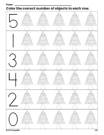 Free printable Christmas tree Christmas count and color worksheet for preschoolers, Christmas coloring page and counting worksheet numbers 0-5, PDF