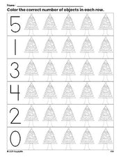 Free printable Christmas tree Christmas count and color worksheet for preschoolers, Christmas coloring page and counting worksheet numbers 0-5, PDF