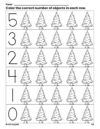 Free printable Christmas tree Christmas count and color worksheet for preschoolers, Christmas coloring page and counting worksheet numbers 0-5, PDF