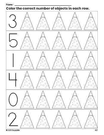 Free printable Christmas tree Christmas count and color worksheet for preschoolers, Christmas coloring page and counting worksheet numbers 0-5, PDF