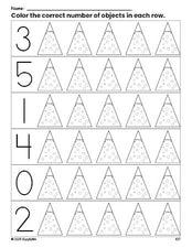 Free printable Christmas tree Christmas count and color worksheet for preschoolers, Christmas coloring page and counting worksheet numbers 0-5, PDF