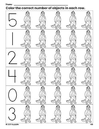 Free printable costume Halloween count and color worksheet for preschoolers, Halloween coloring page and counting worksheet numbers 0-5, PDF