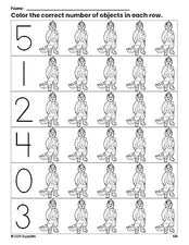 Free printable costume Halloween count and color worksheet for preschoolers, Halloween coloring page and counting worksheet numbers 0-5, PDF