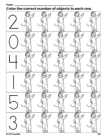 Free printable costume Halloween count and color worksheet for preschoolers, Halloween coloring page and counting worksheet numbers 0-5, PDF