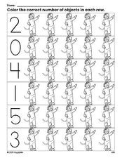 Free printable costume Halloween count and color worksheet for preschoolers, Halloween coloring page and counting worksheet numbers 0-5, PDF