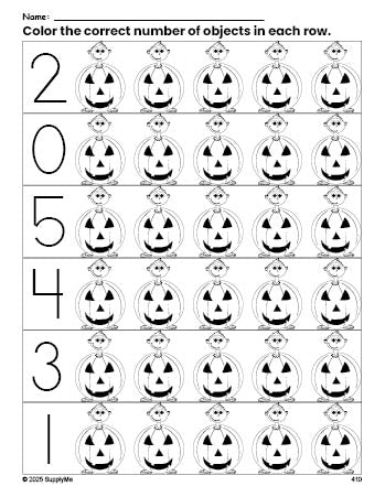 Free printable costume Halloween count and color worksheet for preschoolers, Halloween coloring page and counting worksheet numbers 0-5, PDF