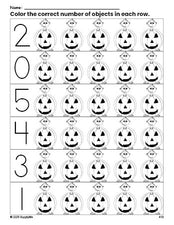 Free printable costume Halloween count and color worksheet for preschoolers, Halloween coloring page and counting worksheet numbers 0-5, PDF