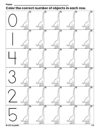 Free printable dinosaur count and color worksheet for preschoolers, dinosaur coloring page and counting worksheet numbers 0-5, PDF