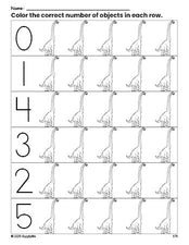 Free printable dinosaur count and color worksheet for preschoolers, dinosaur coloring page and counting worksheet numbers 0-5, PDF