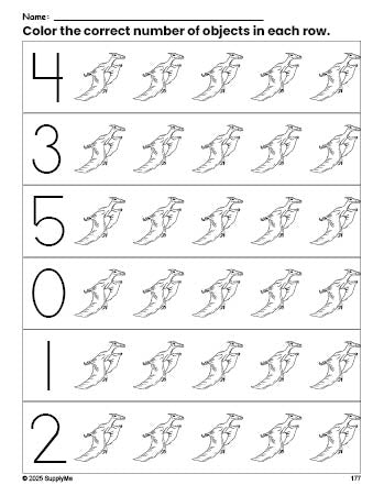 Free printable dinosaur count and color worksheet for preschoolers, dinosaur coloring page and counting worksheet numbers 0-5, PDF