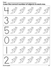 Free printable dinosaur count and color worksheet for preschoolers, dinosaur coloring page and counting worksheet numbers 0-5, PDF