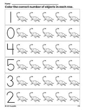 Free printable dinosaur count and color worksheet for preschoolers, dinosaur coloring page and counting worksheet numbers 0-5, PDF