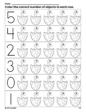 Free printable dinosaur count and color worksheet for preschoolers, dinosaur coloring page and counting worksheet numbers 0-5, PDF