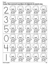 Free printable dinosaur count and color worksheet for preschoolers, dinosaur coloring page and counting worksheet numbers 0-5, PDF